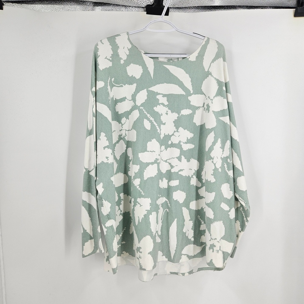 Vila Milano Womens Sweater Top Green White Floral Print Long Sleeve Oversized 3X